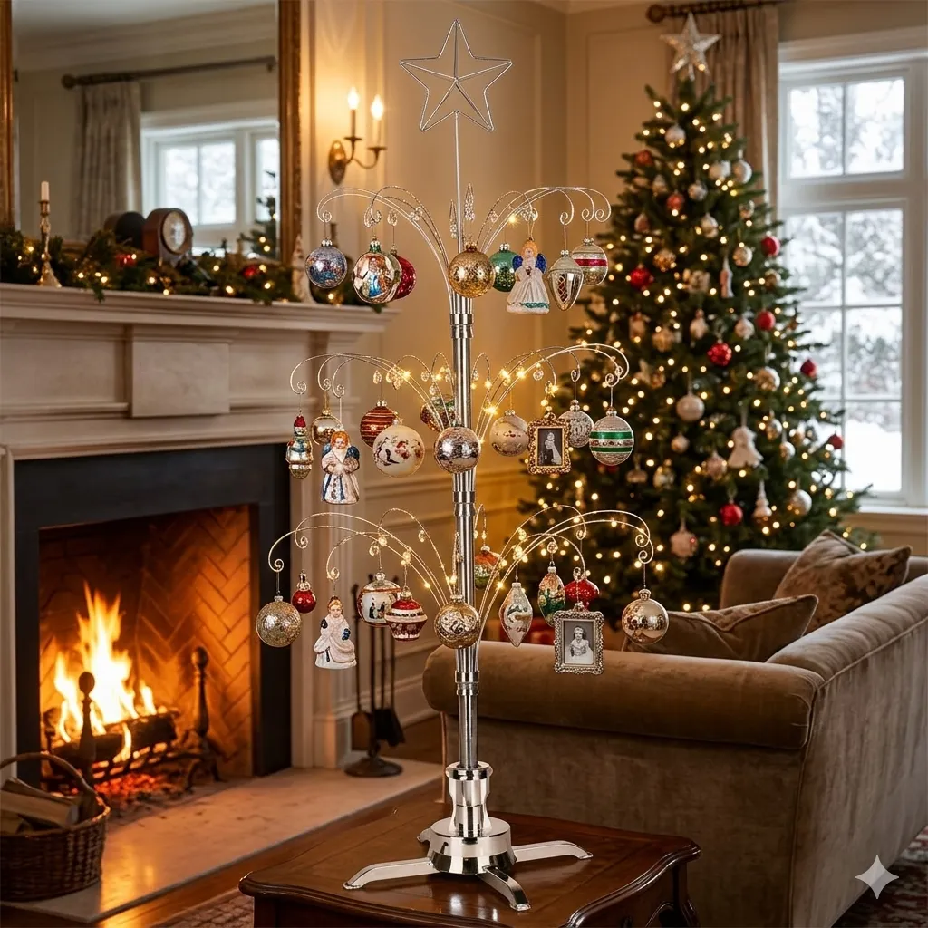 Side angle view of HOHIYA chrome metal ornament display tree