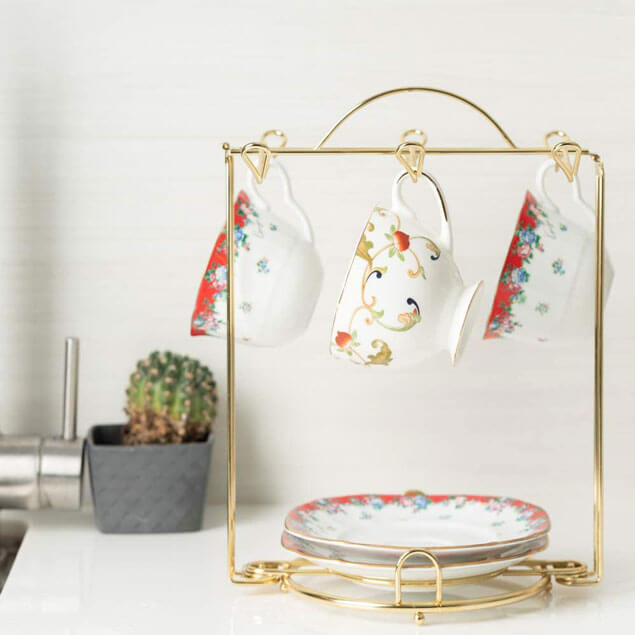 Teacup and Saucer Display Stand Holder Tea cup Rack Gold 2pcs