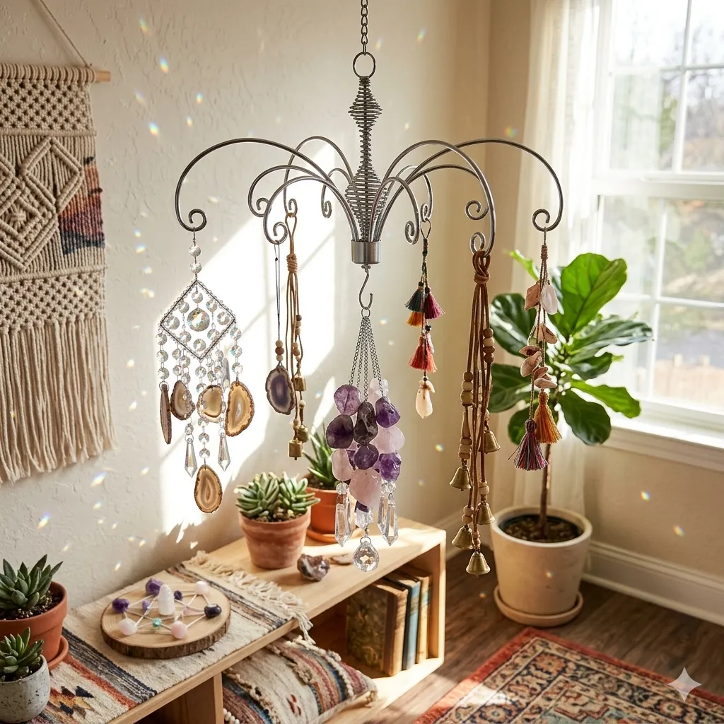 Side angle view of HOHIYA chrome metal wind chime stand