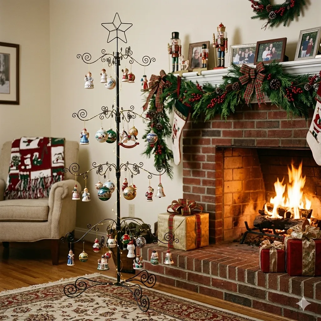 Side angle view of HOHIYA wrought iron ornament display tree