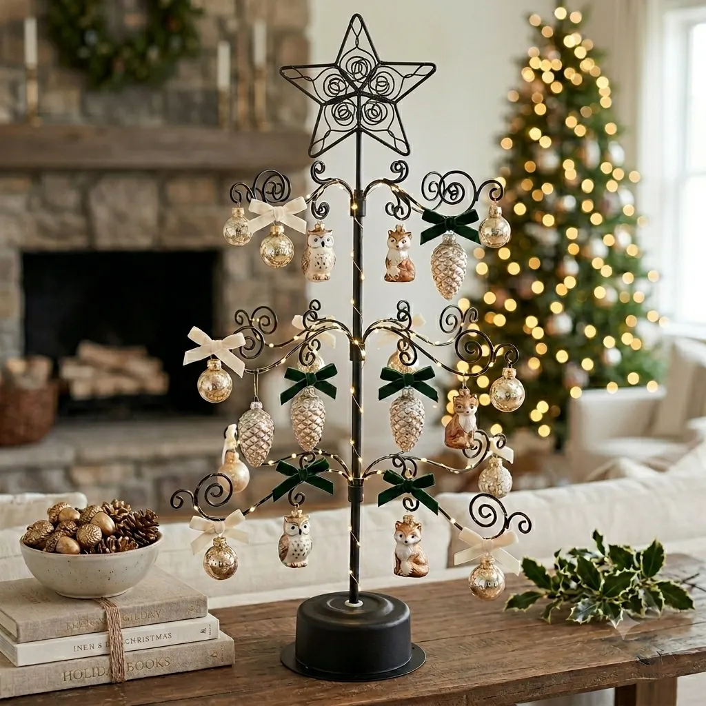 Side angle view of HOHIYA metal ornament display tree