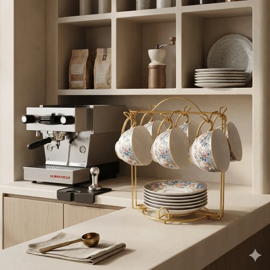 HOHIYA tea cup display stand styled in a home setting