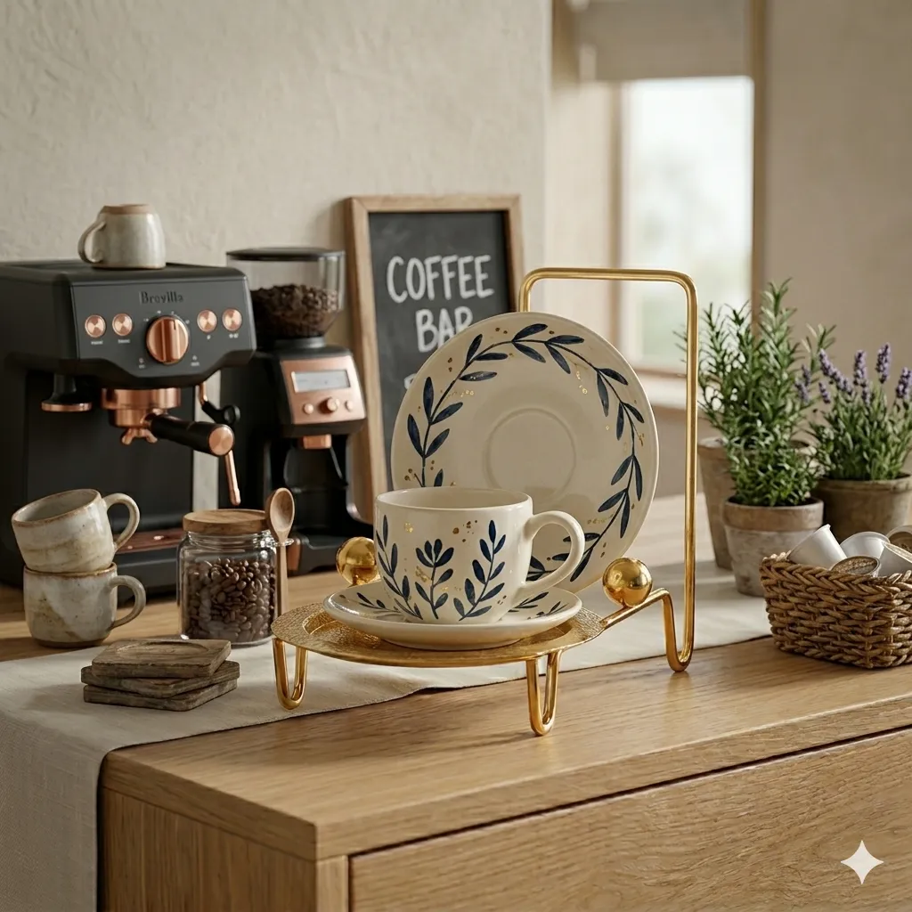 Side angle view of HOHIYA metal tea cup display stand