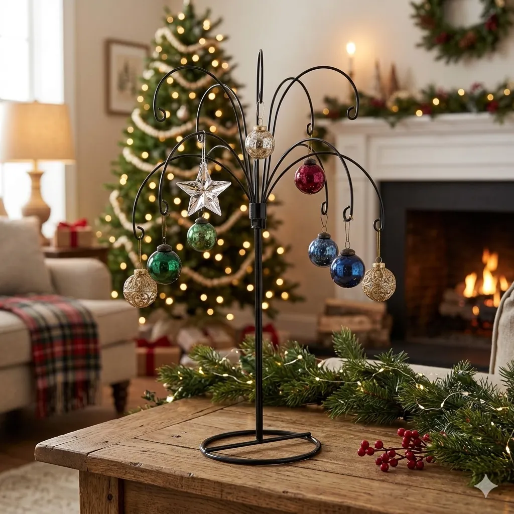 Close-up detail of HOHIYA ornament display tree matte black finish