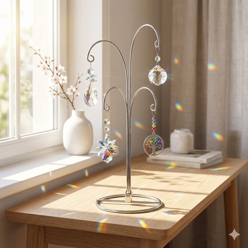 Side angle view of HOHIYA chrome metal ornament display tree