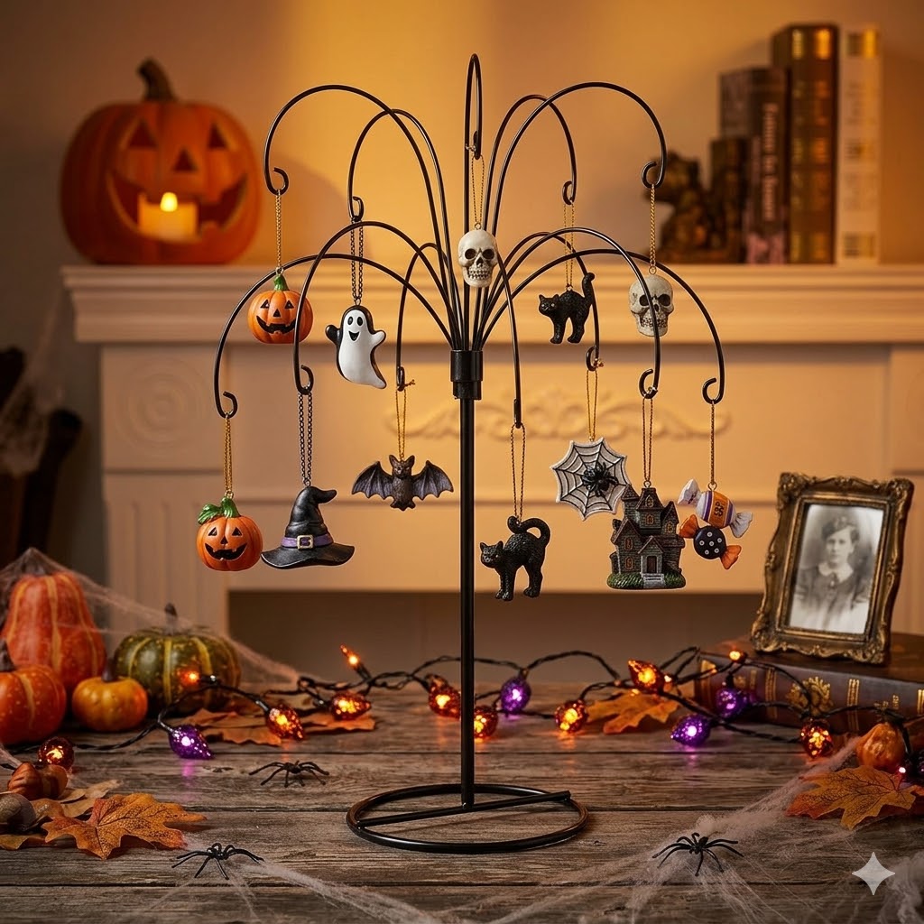 Side angle view of HOHIYA metal ornament display tree