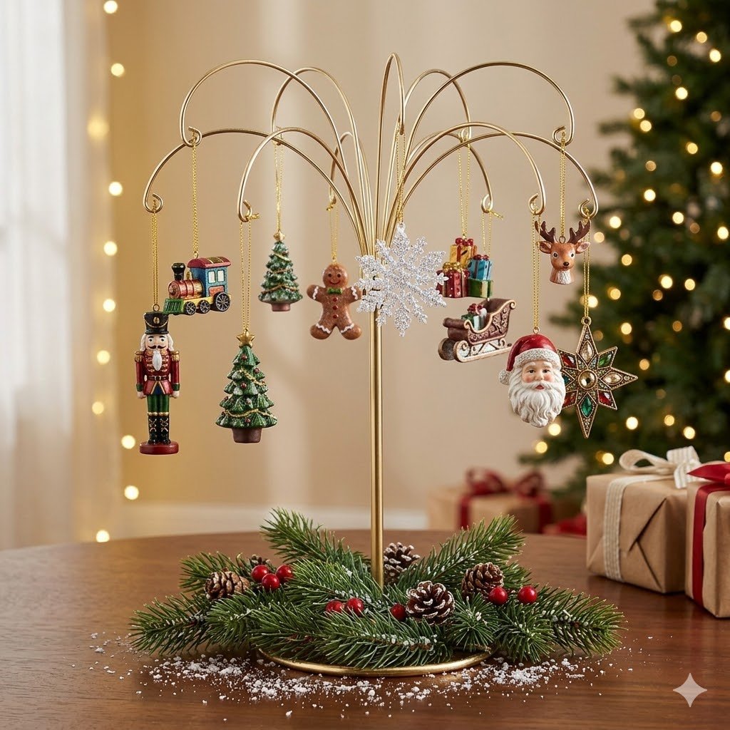 Close-up detail of HOHIYA ornament display tree gold finish