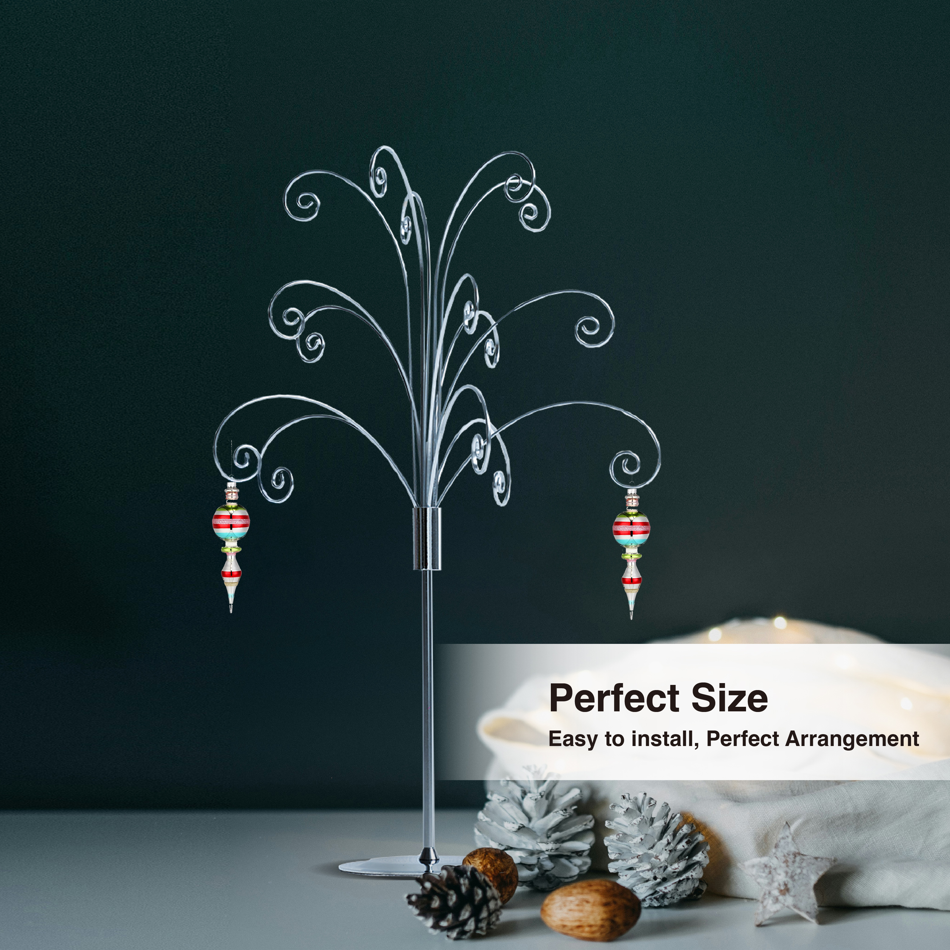 HOHIYA 20 Inch Tabletop Ornament Display Tree Metal Christmas Tree Stand for Desk & Mantel Small Jewelry Tower with Hooks Perfect Holiday Gift Chrome Silver