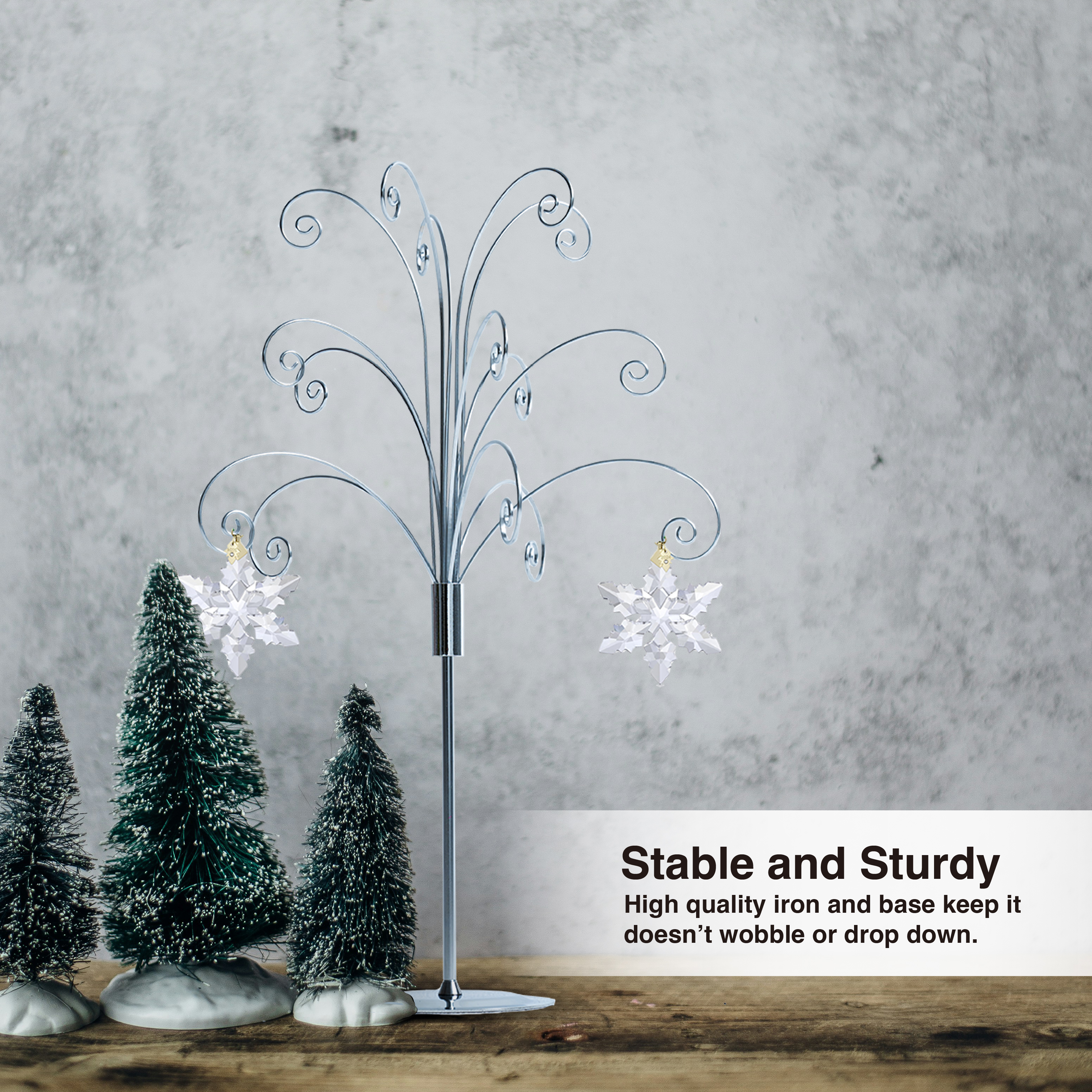 HOHIYA 20 Inch Tabletop Ornament Display Tree Metal Christmas Tree Stand for Desk & Mantel Small Jewelry Tower with Hooks Perfect Holiday Gift Chrome Silver