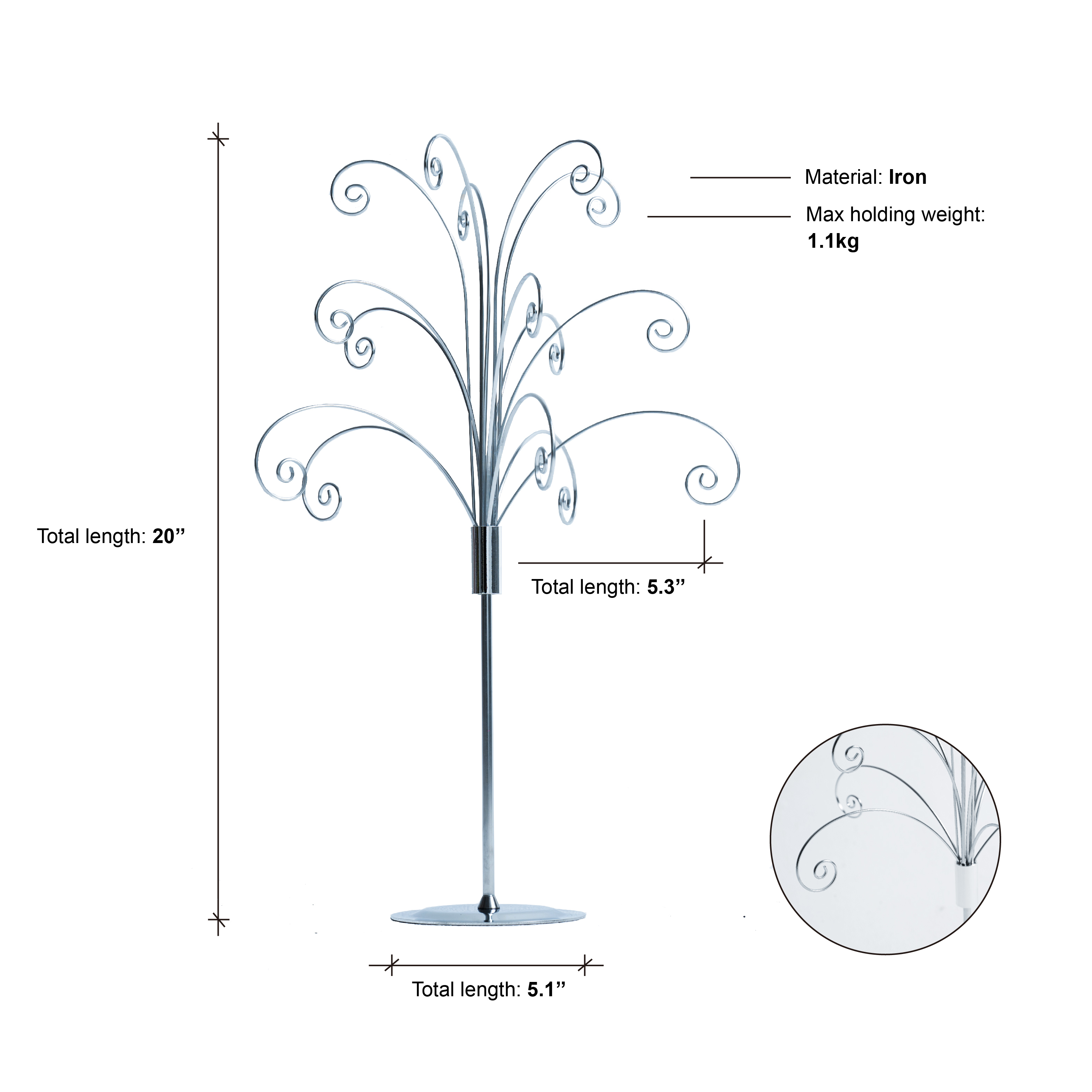 HOHIYA 20 Inch Tabletop Ornament Display Tree Metal Christmas Tree Stand for Desk & Mantel Small Jewelry Tower with Hooks Perfect Holiday Gift Chrome Silver