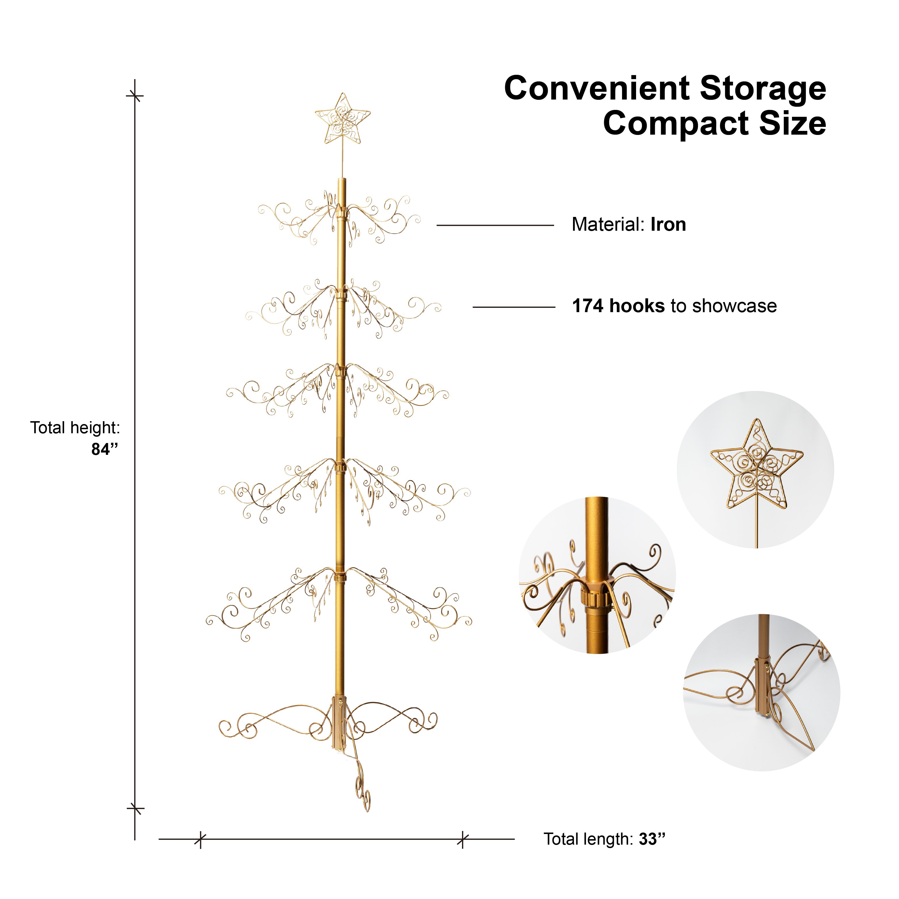 Close-up detail of HOHIYA ornament display tree gold finish