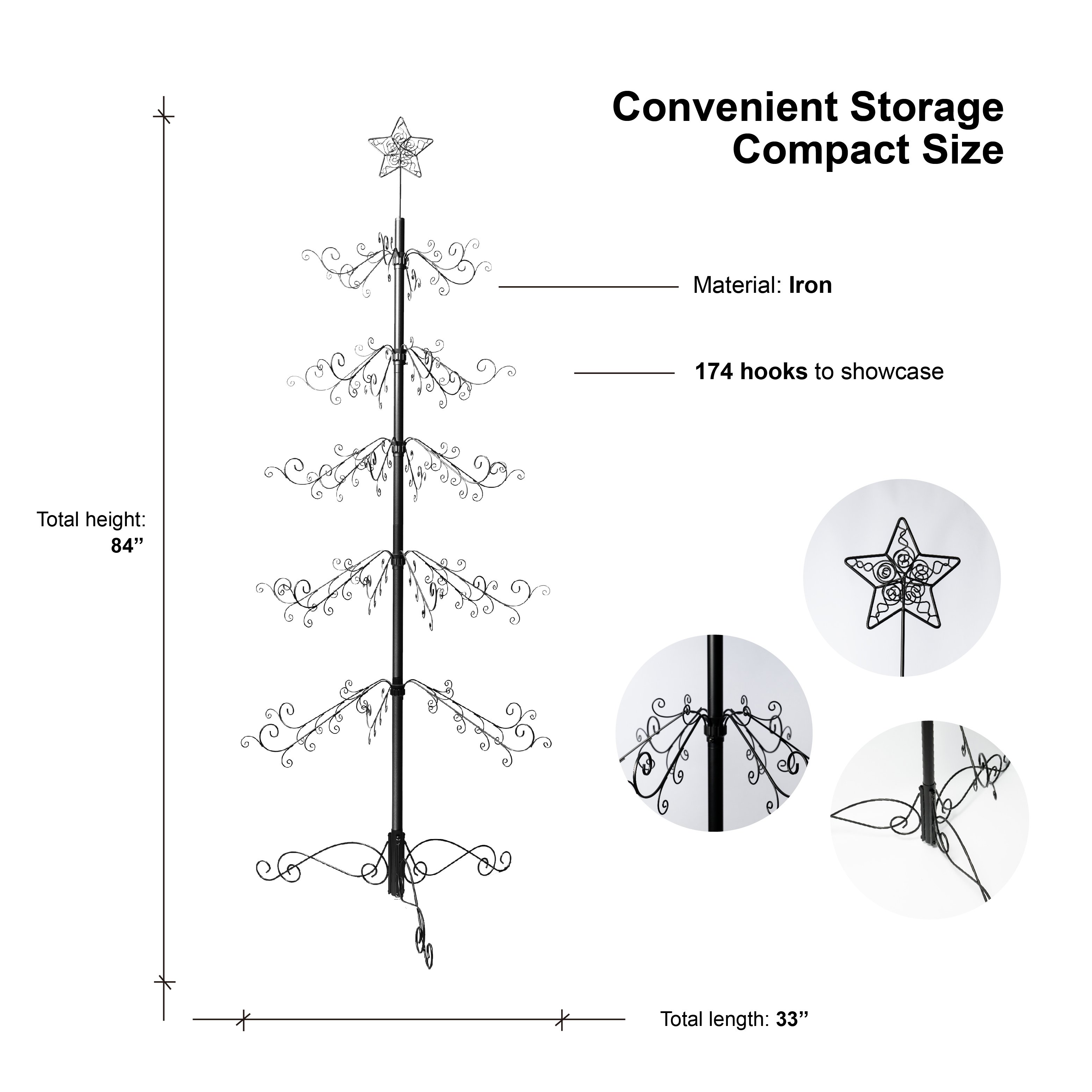 Close-up detail of HOHIYA ornament display tree matte black finish
