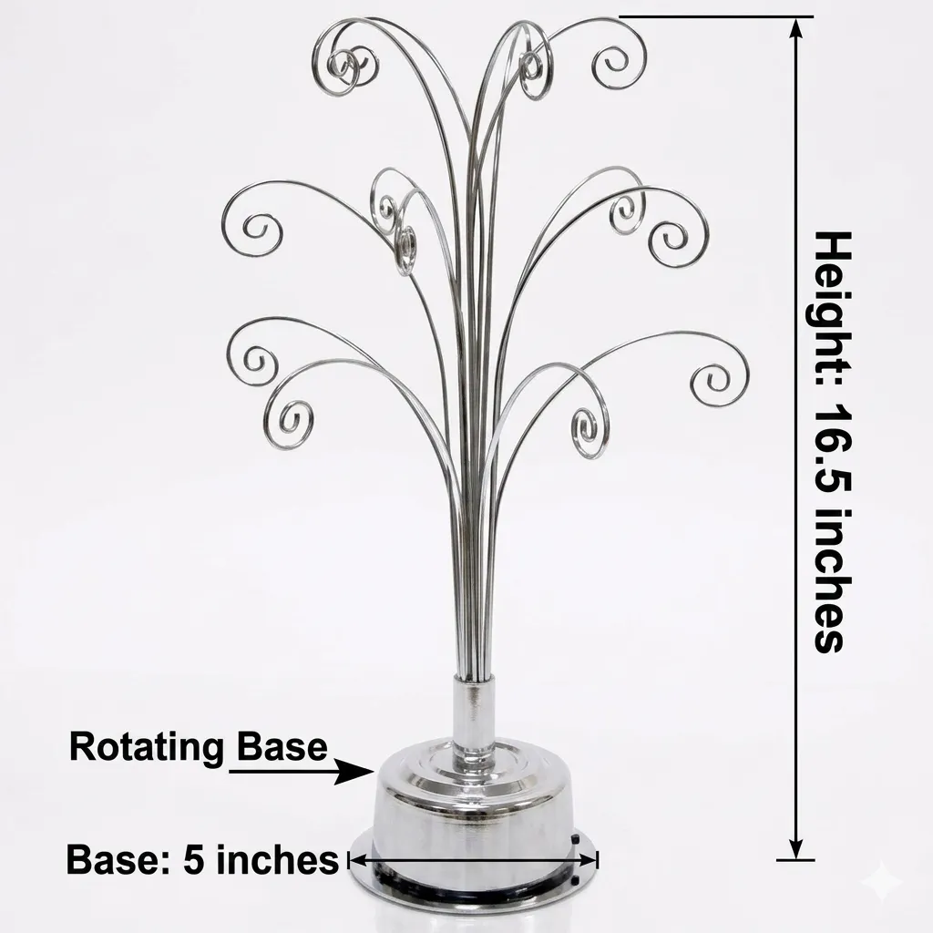 Side angle view of HOHIYA chrome metal ornament display tree
