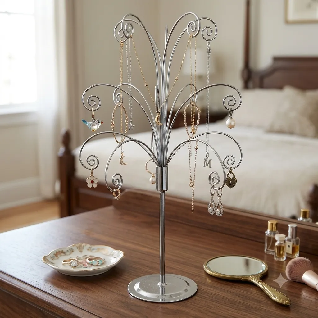 Side angle view of HOHIYA chrome metal ornament display tree