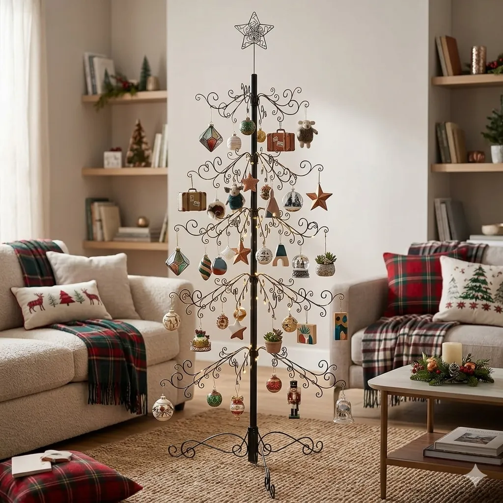 Side angle view of HOHIYA wrought iron ornament display tree