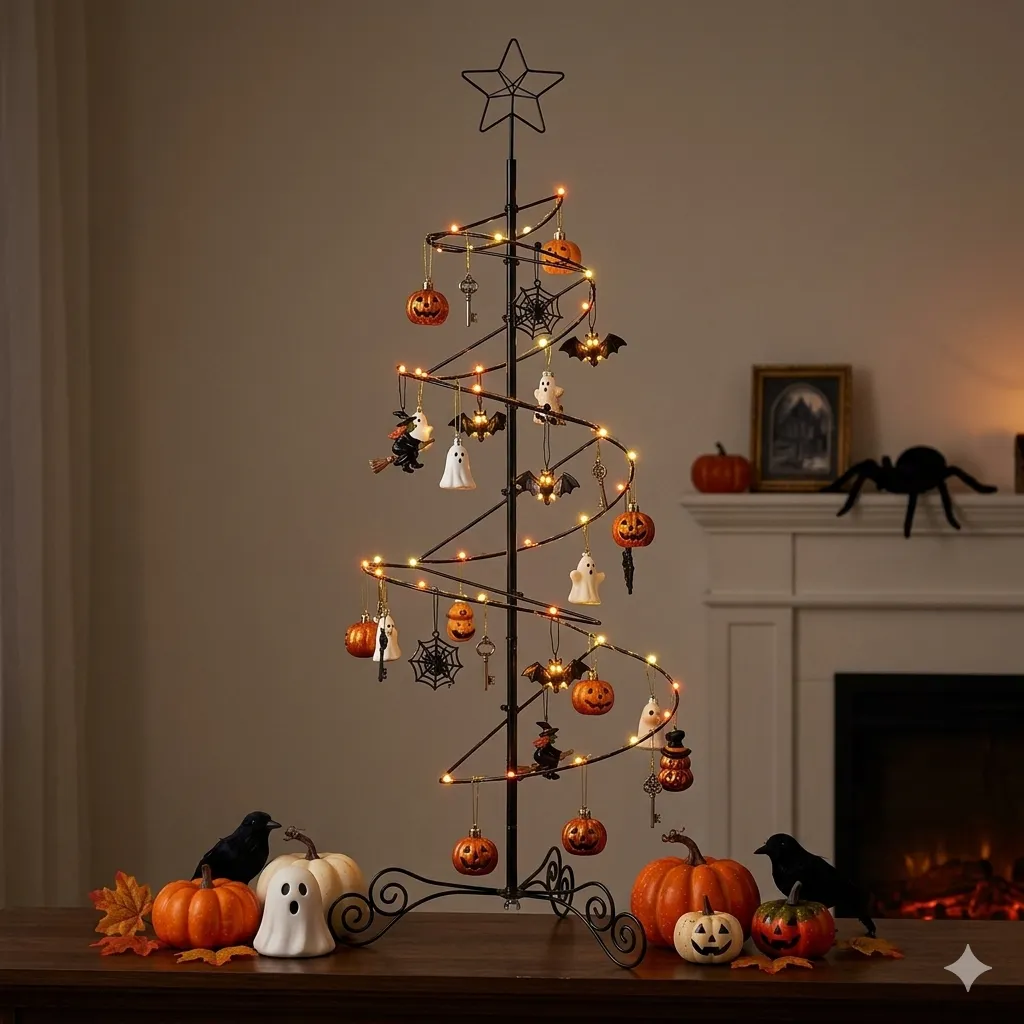 Side angle view of HOHIYA wrought iron ornament display tree