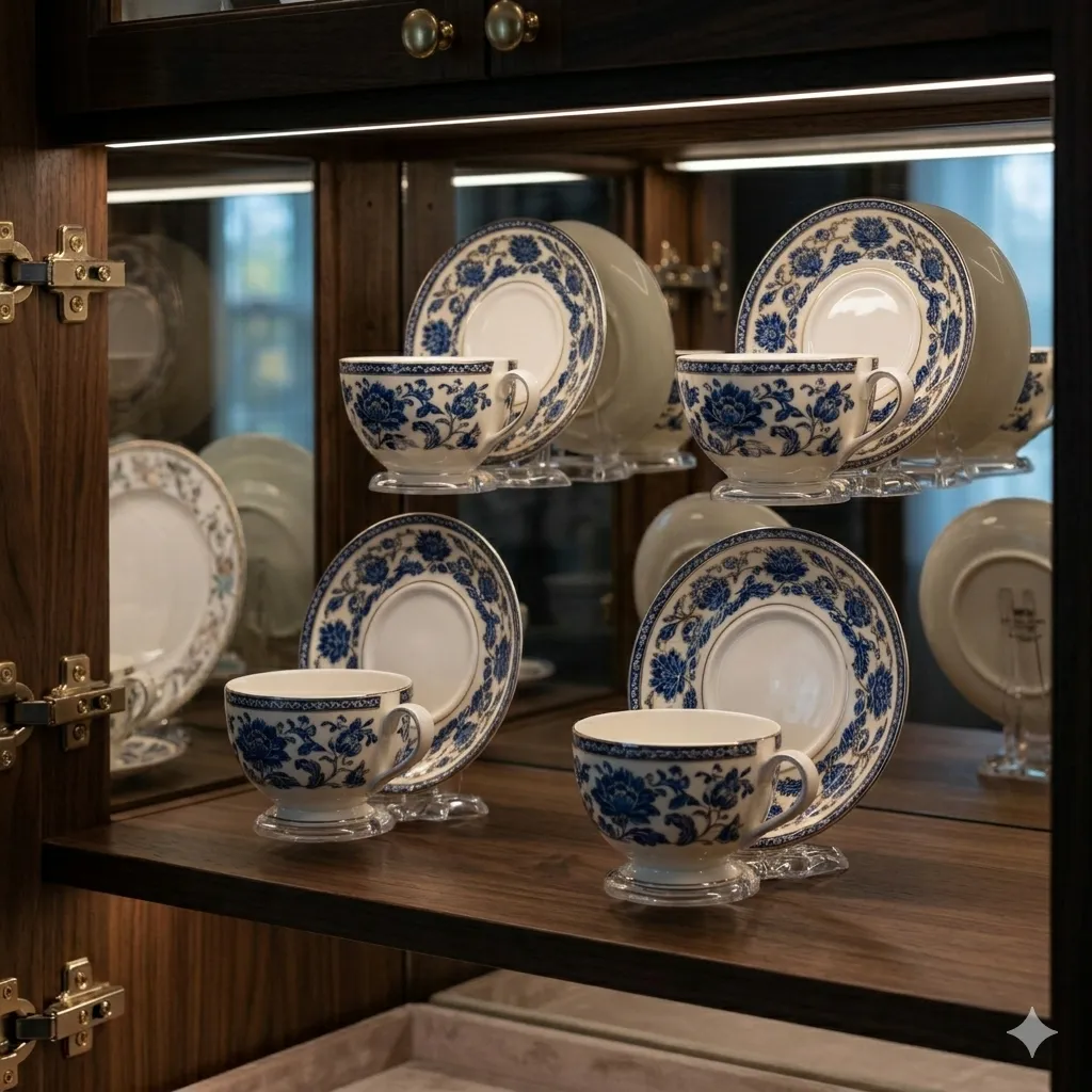 Side angle view of HOHIYA metal tea cup display stand