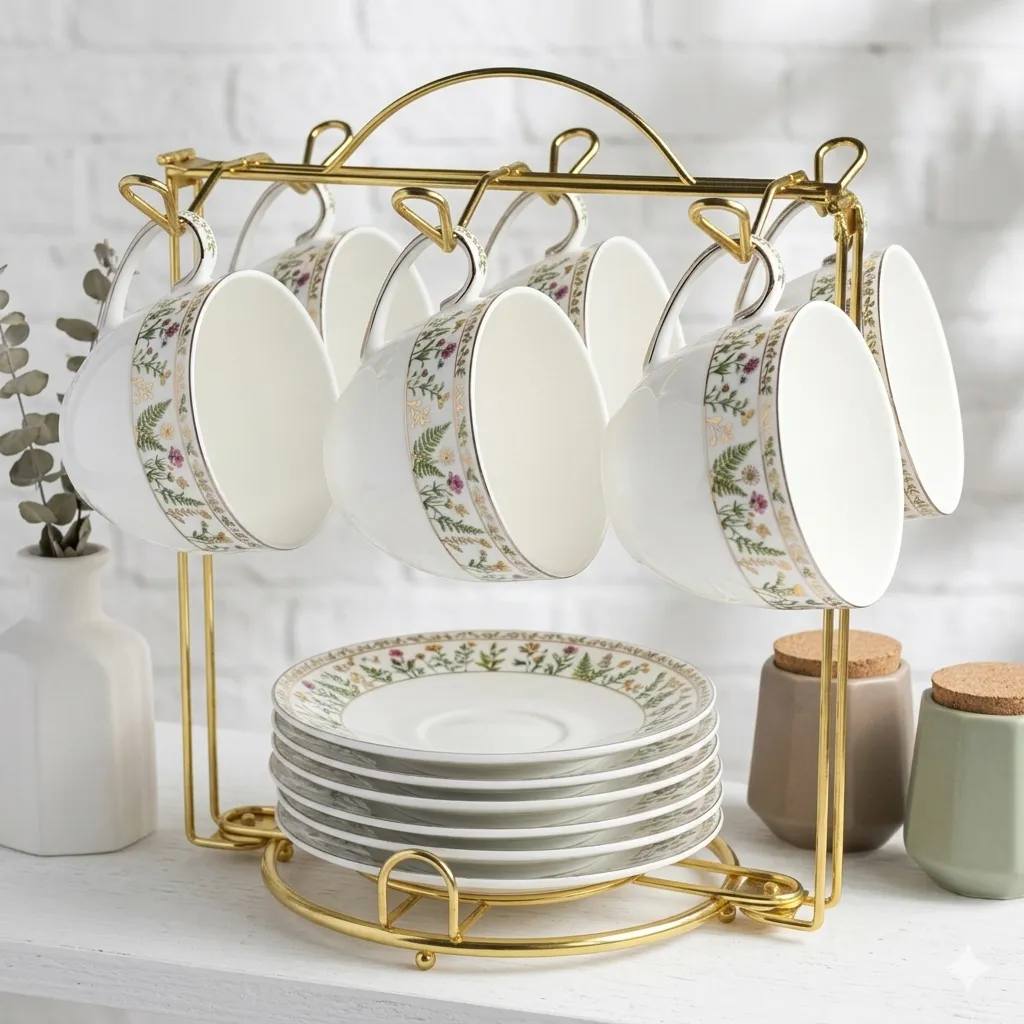 Side angle view of HOHIYA metal tea cup display stand