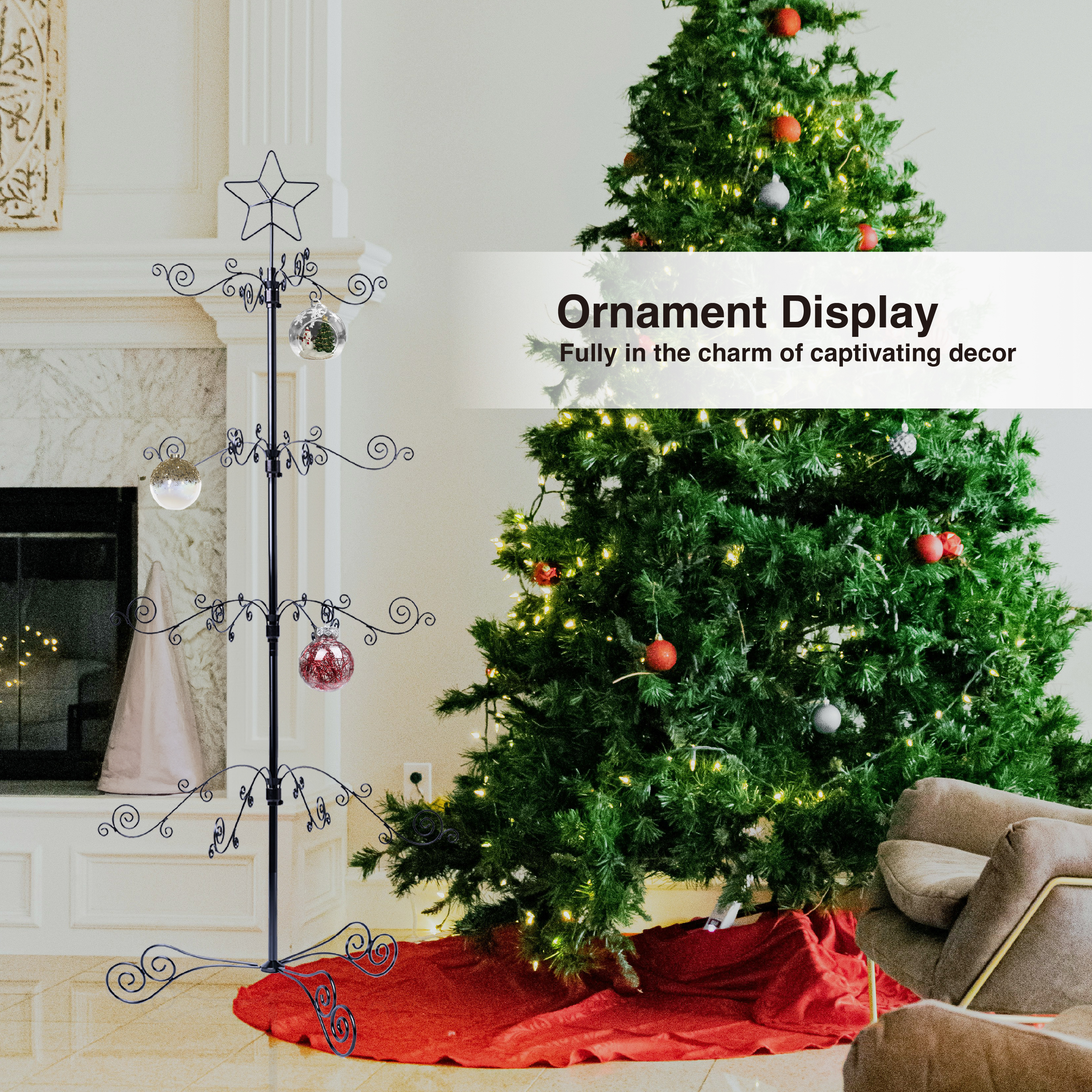 HOHIYA 3 Ft Wrought Iron Ornament Display Tree 56-Hook Metal Christmas Tree Alternative Sturdy Floor and Tabletop Stand for Glass Baubles Black