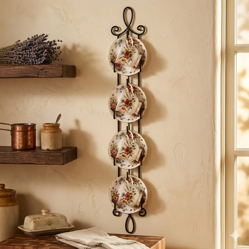 Side angle view of HOHIYA metal tea cup display stand