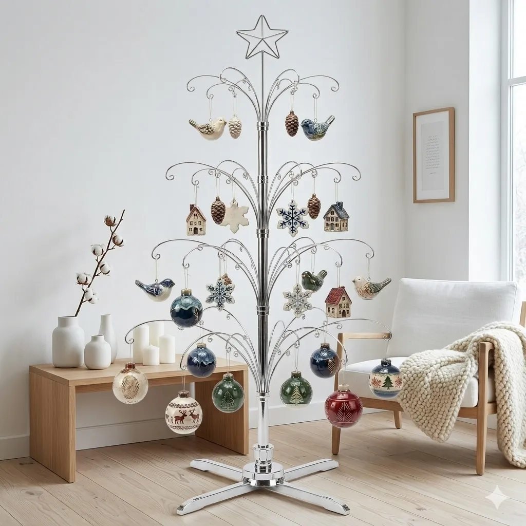 Side angle view of HOHIYA chrome metal ornament display tree