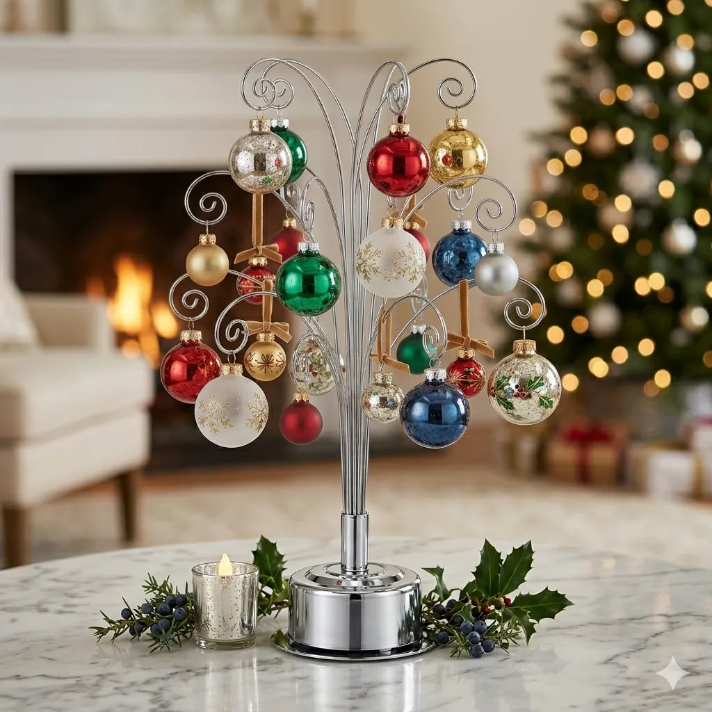 Close-up detail of HOHIYA ornament display tree silver finish