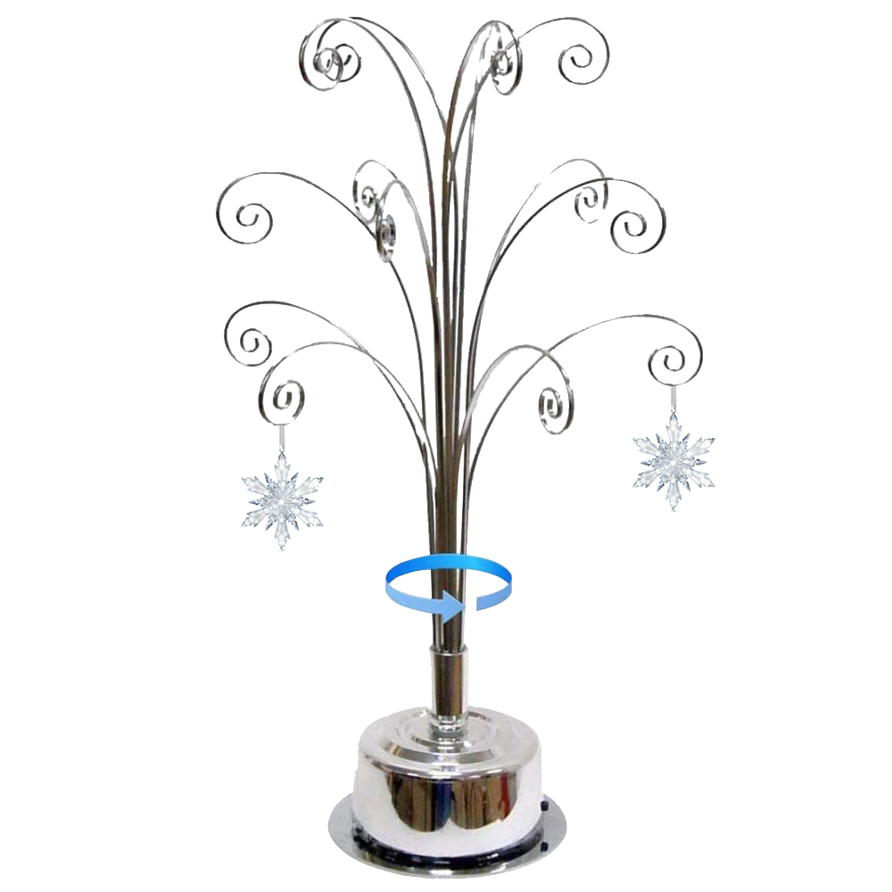 HOHIYA 16.75 Inch Mini Rotating Ornament Display Tre, 3-Tier Metal Stand with 15 Hooks Small Tabletop Christmas Tree for Jewelry Charms and Keepsakes Silver Chrome