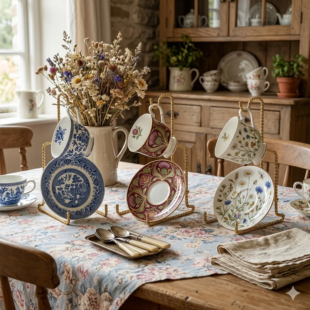 HOHIYA tea cup display stand styled in a home setting